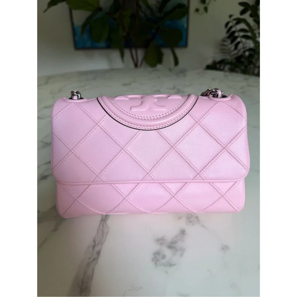 NWT Tory Burch Small Fleming Soft Convertible Shoulder Bag Pink Plie / Silver